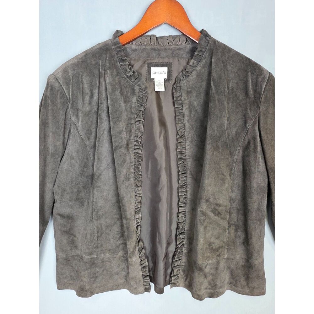 Chicos Brown Suede Leather Jacket Open Front Ruffle Heritage Preppy Size 16/18